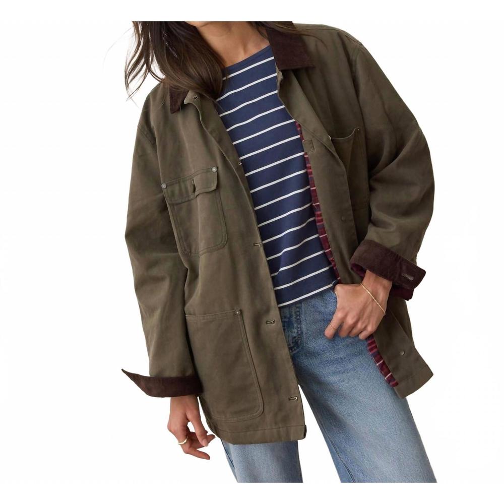 Marine Layer Olive Green Utility Jacket with Brown Corduroy Trim